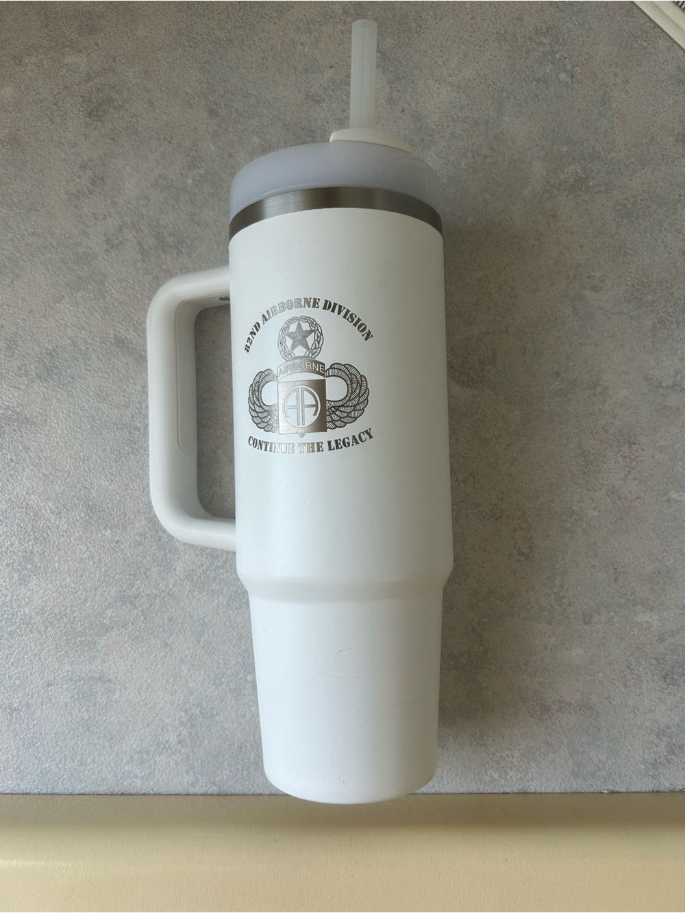 82nd Airborne Division Stanley White Travel Tumbler with Handle and Straw Lid